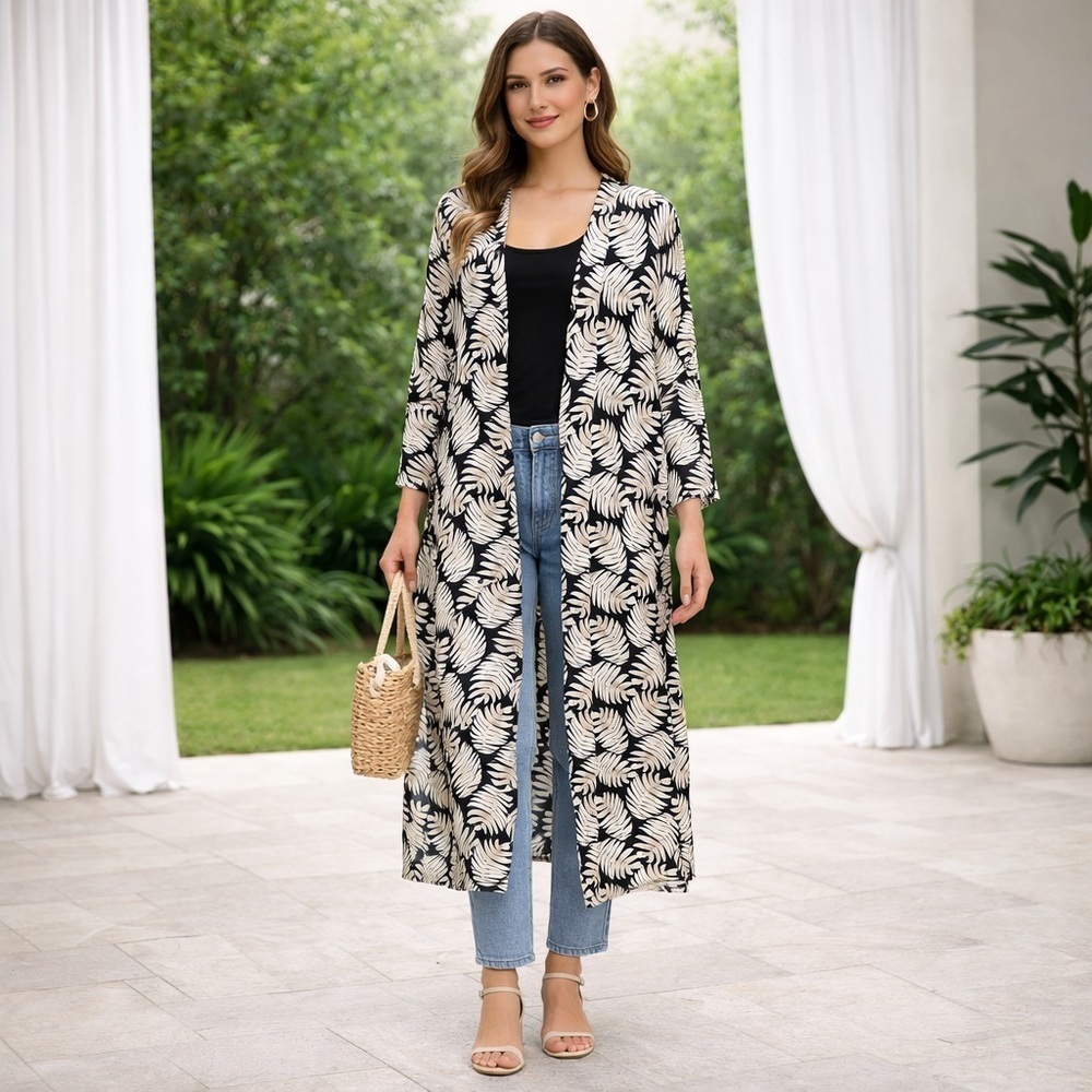 NEW LOFT Monochrome Leaf Palm Beach Pattern Lightweight Long Lined Kimono Small